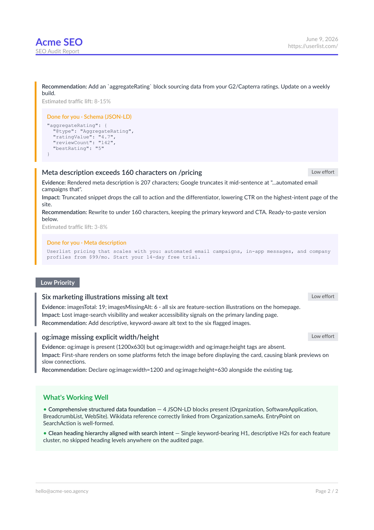 Sample SEO audit report page with prioritized findings, traffic-lift estimates and done-for-you fixes